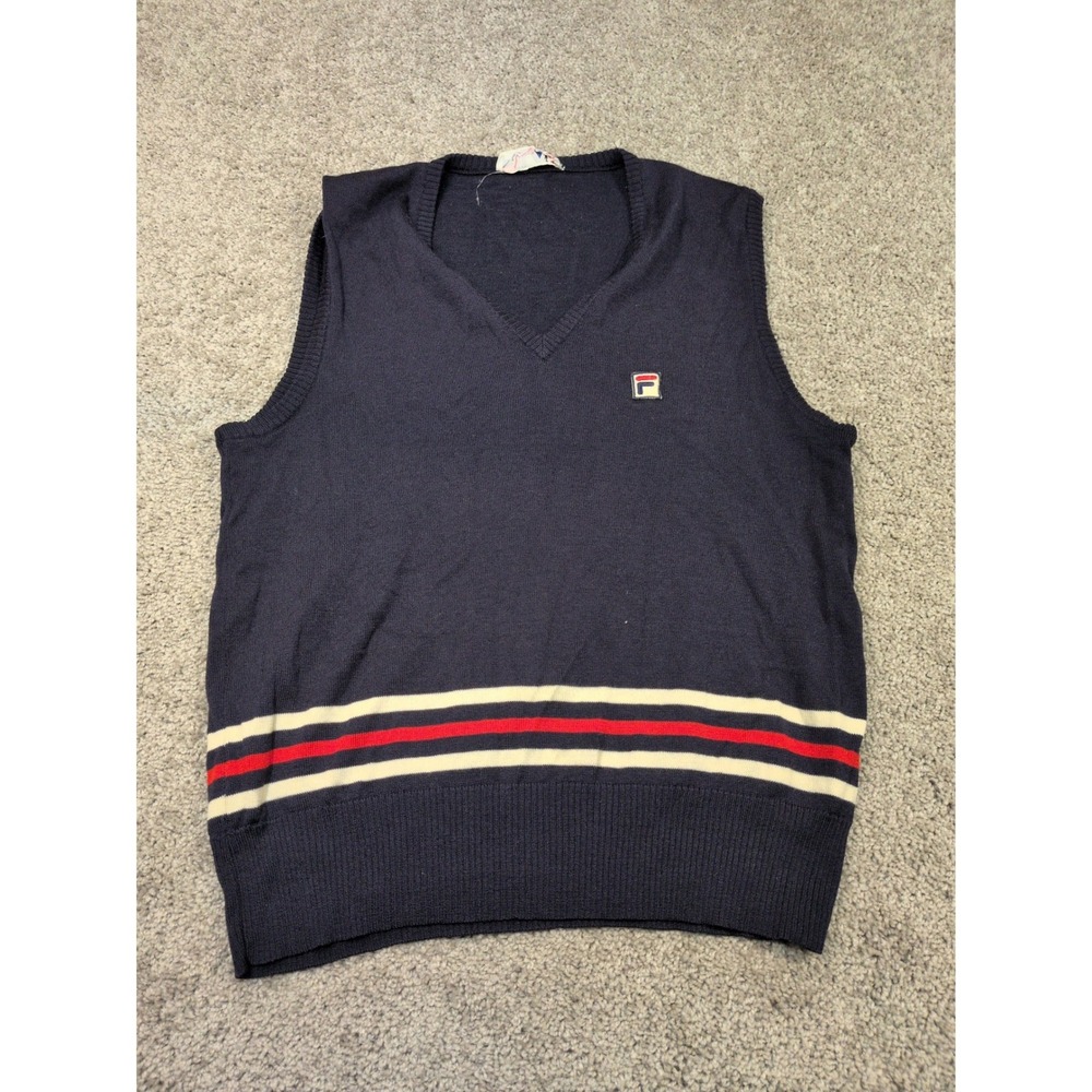 Vintage Fila Navy Blue Striped Virgin Wool Sweater Vest Made in Italy Mens XL
